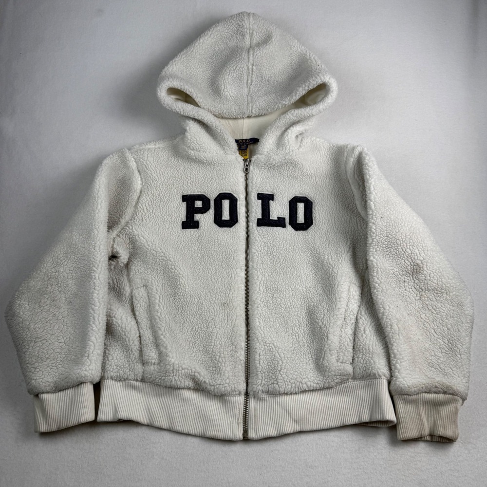 Polo Ralph Lauren Kids XL 16 Sherpa Fleece Zip Up Hoodie Cream White Logo Jacket